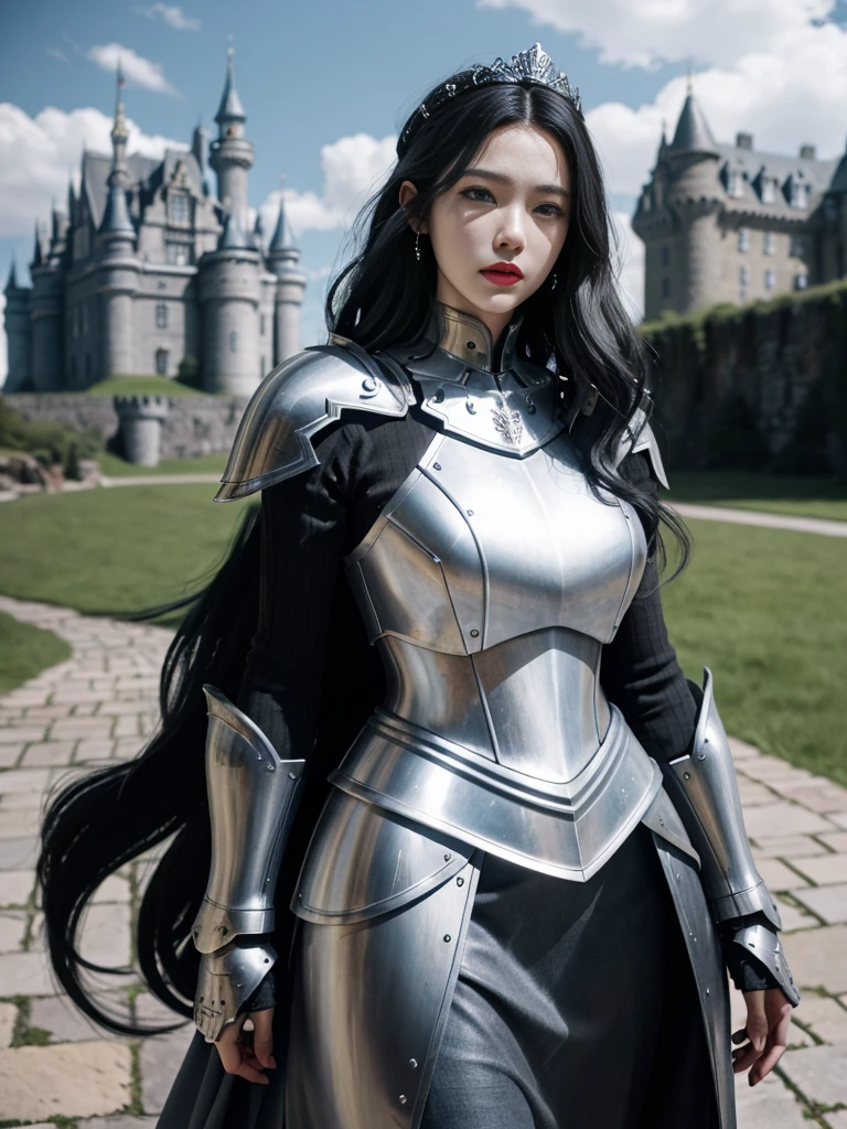 masterpiece, best quality, high resolution, 8K, portrait, Realistic photos,（ Combine clothing with Korean fashion design），Digital Photography, Full body female, 1 16 year old girl, (), Beautiful blue-gray gradient long hair, blue eyes, complicated, elegant, Very detailed, crown, Black skirt, ,Silver Metal Exoskeleton Armor, complicated knightly hollow armor,Power Armor, hollow-carved design, Mechanical structure, Photo poses, stately,, red lips, from《Final Fantasy 15》.Metallic, oc rendering，Reflective texture, ((Garment cutting)), ((With the castle and the huge Most in the background))