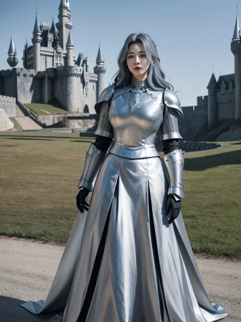 masterpiece, best quality, high resolution, 8K, portrait, Realistic photos,( Combine clothing with Korean fashion design),Digital Photography, Full body female, 1 16 year old girl, (), Beautiful blue-gray gradient long hair, blue eyes, complicated, elegant, Very detailed, crown, Black skirt, ,Silver Metal Exoskeleton Armor, complicated knightly hollow armor,Power Armor, hollow-carved design, Mechanical structure, Photo poses, stately,, red lips, from《Final Fantasy 15》.Metallic, oc rendering,Reflective texture, ((Garment cutting)), ((With the castle and the huge Most in the background))