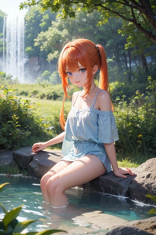 an area of a small lake in a forest area with a few rocks here and there, tree, scenery, waterfallanime women's body pictures 2 anime girls standing together anime girls,sit under the waterfall , meditation position,off shoulder, looking at viewer, blue eyes, smile, jewelry, sleeveless, earrings, upper body, white wet blouse,1 girl long light blue hair, second girl medium pony tail orange hair