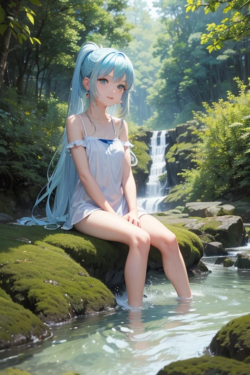 an area of a small lake in a forest area with a few rocks here and there, tree, scenery, waterfallanime women's body pictures 2 anime girls standing together anime girls,sit under the waterfall , meditation position,off shoulder, looking at viewer, blue eyes, smile, jewelry, sleeveless, earrings, upper body, white wet blouse,1 girl long light blue hair, second girl medium pony tail orange hair