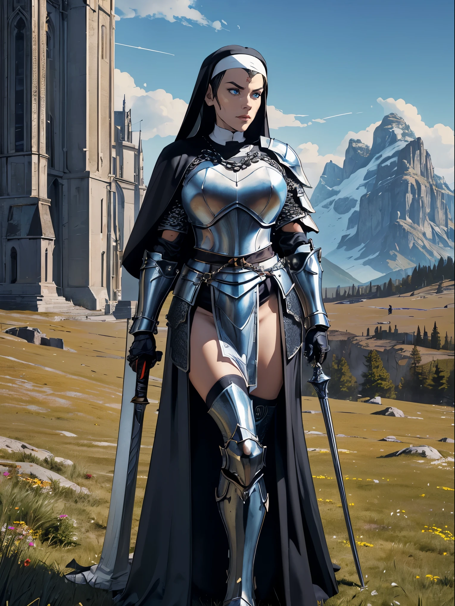 (masterpiece, top quality, best quality, official art, beautiful and aesthetic:1.2), (1girl:1.3), ((Sharp facial features, sharp features, hawkish features)), ((blue eyes)), busty paladin knight girl, extremely detailed, portrait, looking at viewer, solo, (full body:0.6), detailed background, full-body shot, (warm mountain meadow theme:1.1), holy knight, (nun), charlatan, smirk, mysterious, swaying in mountains, armor, polished metal, gold trim, long boots, white fabric, pelvic curtain, robe, pale leather, ((((nun, holy aura, mace, heavy armor, armored, long legs, pelvic curtain, toned, muscular, chainmail)))), slim waist, slim hips, long legs, medieval (mountain exterior:1.1) background, dark mysterious lighting, shadows, magical atmosphere, dutch angle
