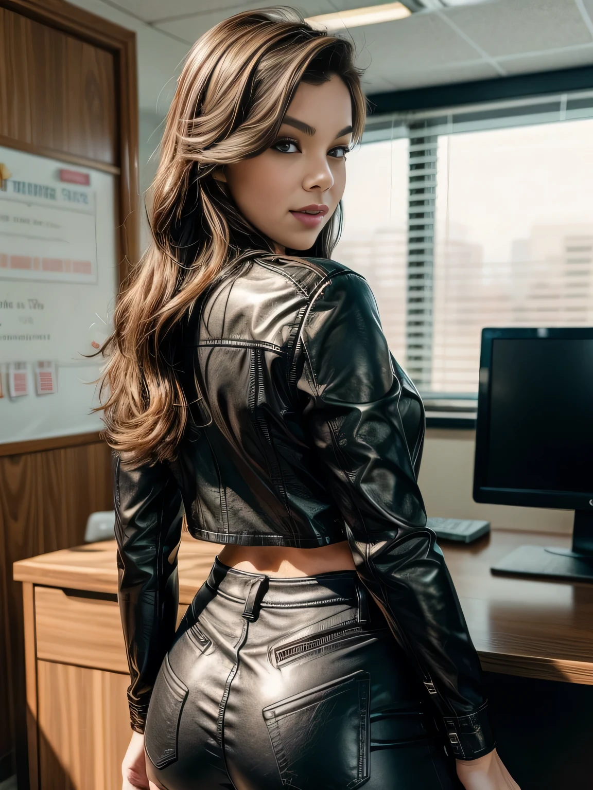 arafed woman, Amazing teacher, in in black leather jacket office, demin cowboy shirt unbuttoned , wearing high waist black leather pants, long hair, beautiful brown eyes, in the office principal, facing the viewer