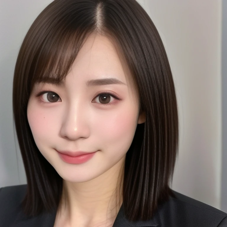 (kawaii 24 year-old Japanese girl, Nogizaka idol, Korean idol), glossy brown hair, (very short hair, forehead:1.2), beautiful black eyes, rounded face, narrow shoulders, single eyelid, no makeup, soft smiling, (suit jacket, collared shirt, necktie), extra small breasts, BREAK, (simple white background:1.2), (view from forward, bust shot, upper body shot, id photo:1.2), BREAK, (masterpiece, best quality, photo realistic, official art:1.4), (UHD, 8K quality wallpaper, high resolution, raw photo, golden ratio:1.3), (shiny skin), professional lighting, physically based rendering, award winning, (highly detailed skin texture, extremely detailed face and eyes textures), Carl Zeiss 85 mm F/1.4, depth of field, (1girl, solo),