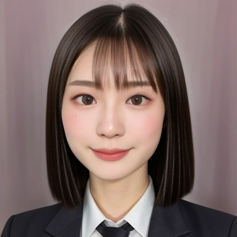 (kawaii 24 year-old Japanese girl, Nogizaka idol, Korean idol), glossy brown hair, (very short hair, forehead:1.2), beautiful black eyes, rounded face, narrow shoulders, single eyelid, no makeup, soft smiling, (suit jacket, collared shirt, necktie), extra small breasts, BREAK, (simple white background:1.2), (view from forward, bust shot, upper body shot, id photo:1.2), BREAK, (masterpiece, best quality, photo realistic, official art:1.4), (UHD, 8K quality wallpaper, high resolution, raw photo, golden ratio:1.3), (shiny skin), professional lighting, physically based rendering, award winning, (highly detailed skin texture, extremely detailed face and eyes textures), Carl Zeiss 85 mm F/1.4, depth of field, (1girl, solo),