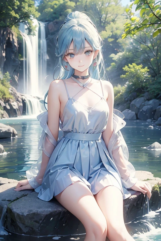 an area of a small lake in a forest area with a few rocks here and there, tree, scenery, waterfallanime women's body pictures 2 anime girls standing together anime girls,sit under the waterfall , meditation position,off shoulder, looking at viewer, blue eyes, smile, jewelry, sleeveless, earrings, upper body, white wet blouse,1 girl long light blue hair, second girl medium pony tail orange hair