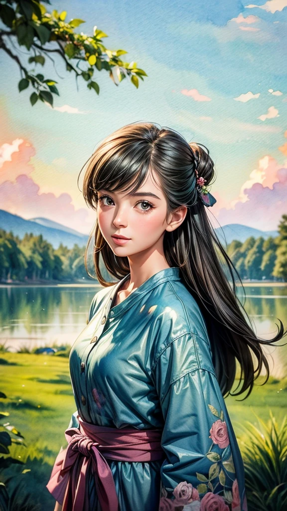 ((Watercolor landscape)) 、Girl and deer