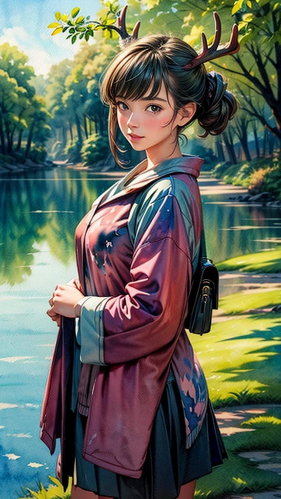 ((Watercolor landscape)) 、Girl and deer