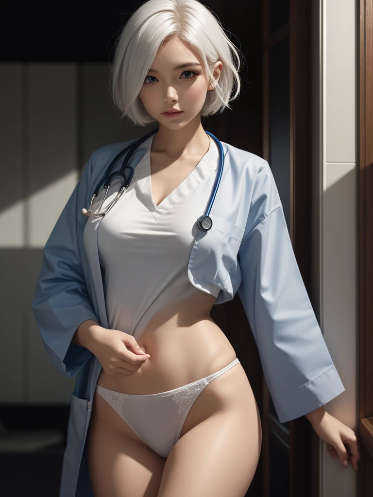 （（（girl，Short hair detail metal body，she is a doctor）））.An old man with white hair