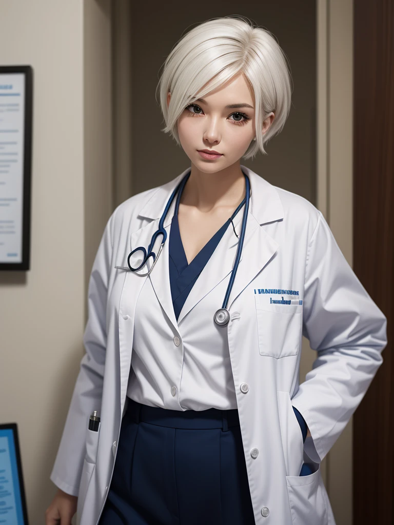 (((girl,Short hair detail metal body,she is a doctor))).An old man with white hair