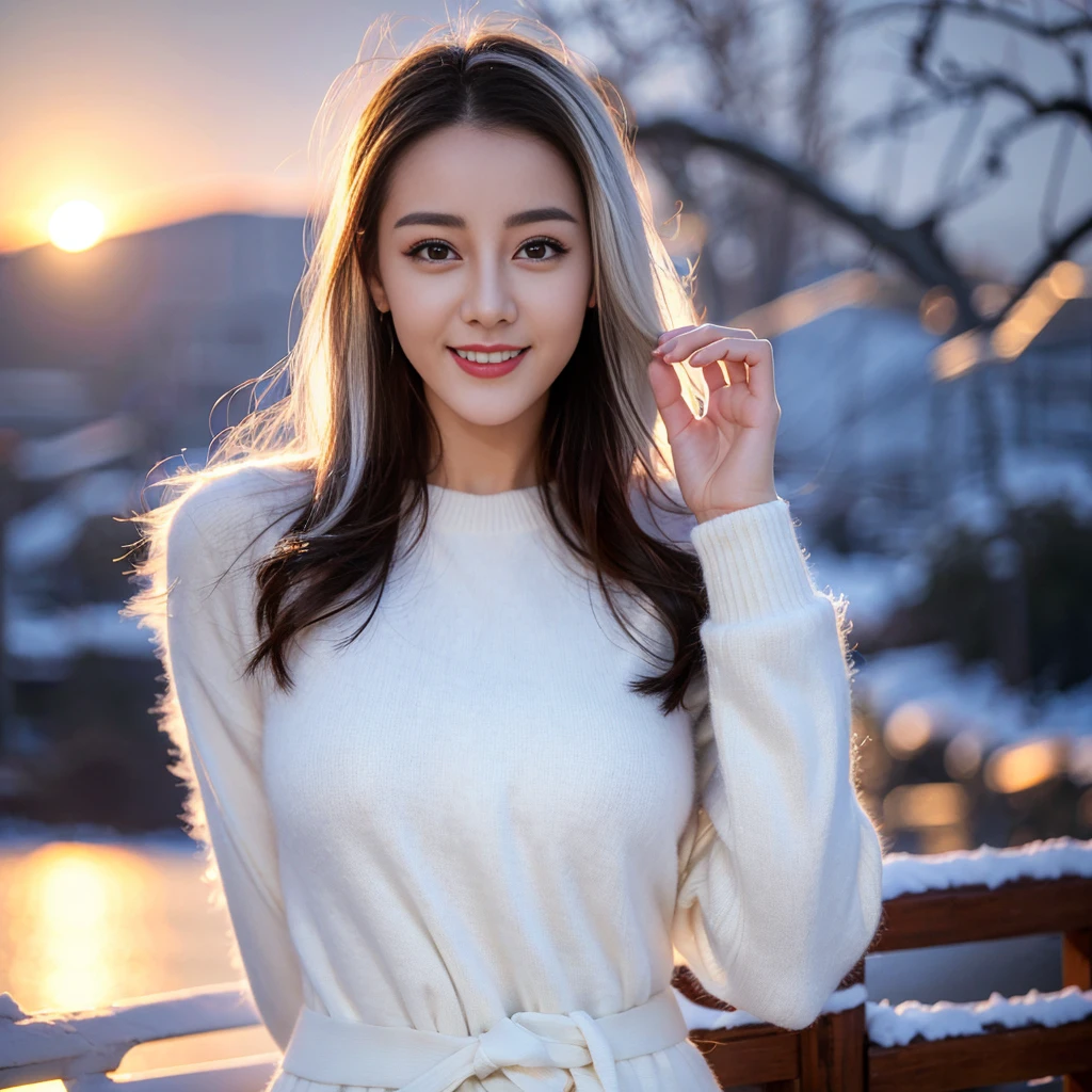 ((Top quality、8K、masterpiece:1.3))、Very pretty beautiful girl,full-body shot,Huge breasts,Breast enlargement,amazing breast size,G cup,Half breast exposed。Wear big earrings,The skin is so white,Hydrating red lips,Very thin waist,Thighs are very thin,Big Ass,Fair and smooth skin,Smooth and fair skin,flawless skin,Fair and shiny skin,Cool white skin,The camera focuses on the chest,Bright Light,White sweater,Lower body exposed,white hair,white hair,Blizzard,Snow Mountain,Sunset,lake,sweet smile,Mouth slightly open
