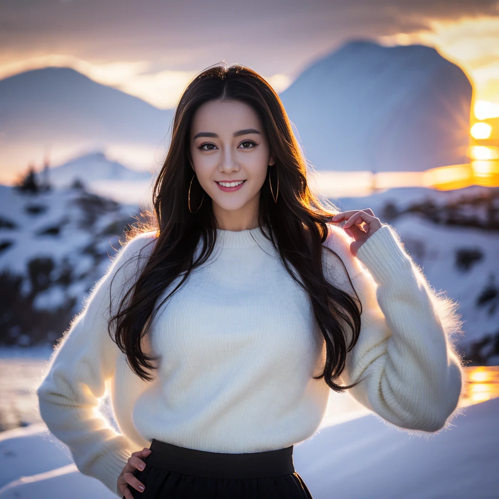 ((Top quality、8K、masterpiece:1.3))、Very pretty beautiful girl,full-body shot,Huge breasts,Breast enlargement,amazing breast size,G cup,Half breast exposed。Wear big earrings,The skin is so white,Hydrating red lips,Very thin waist,Thighs are very thin,Big Ass,Fair and smooth skin,Smooth and fair skin,flawless skin,Fair and shiny skin,Cool white skin,The camera focuses on the chest,Bright Light,White sweater,Lower body exposed,white hair,white hair,Blizzard,Snow Mountain,Sunset,lake,sweet smile,Mouth slightly open