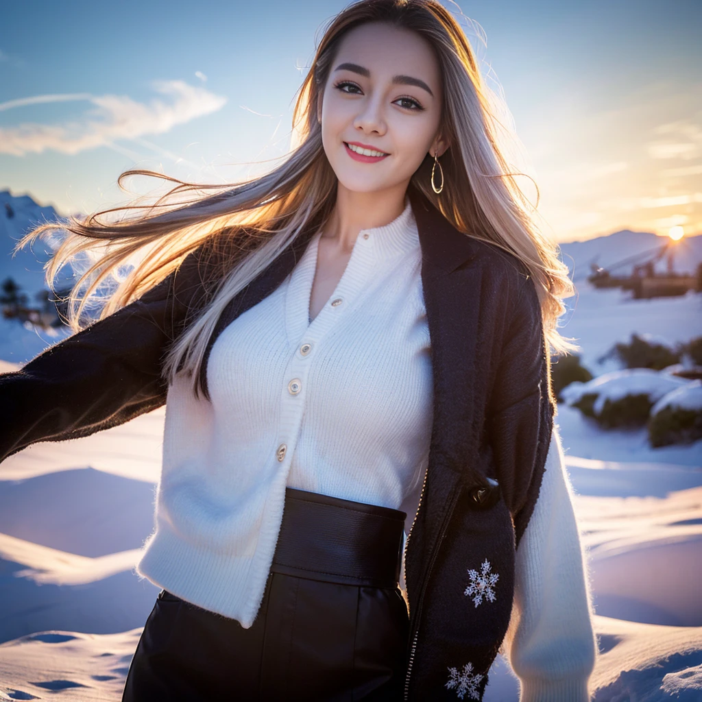 ((Top quality、8K、masterpiece:1.3))、Very pretty beautiful girl,full-body shot,Huge breasts,Breast enlargement,amazing breast size,G cup,Half breast exposed。Wear big earrings,The skin is so white,Hydrating red lips,Very thin waist,Thighs are very thin,Big Ass,Fair and smooth skin,Smooth and fair skin,flawless skin,Fair and shiny skin,Cool white skin,The camera focuses on the chest,Bright Light,White sweater,Lower body exposed,white hair,white hair,Blizzard,Snow Mountain,Sunset,lake,sweet smile,Mouth slightly open