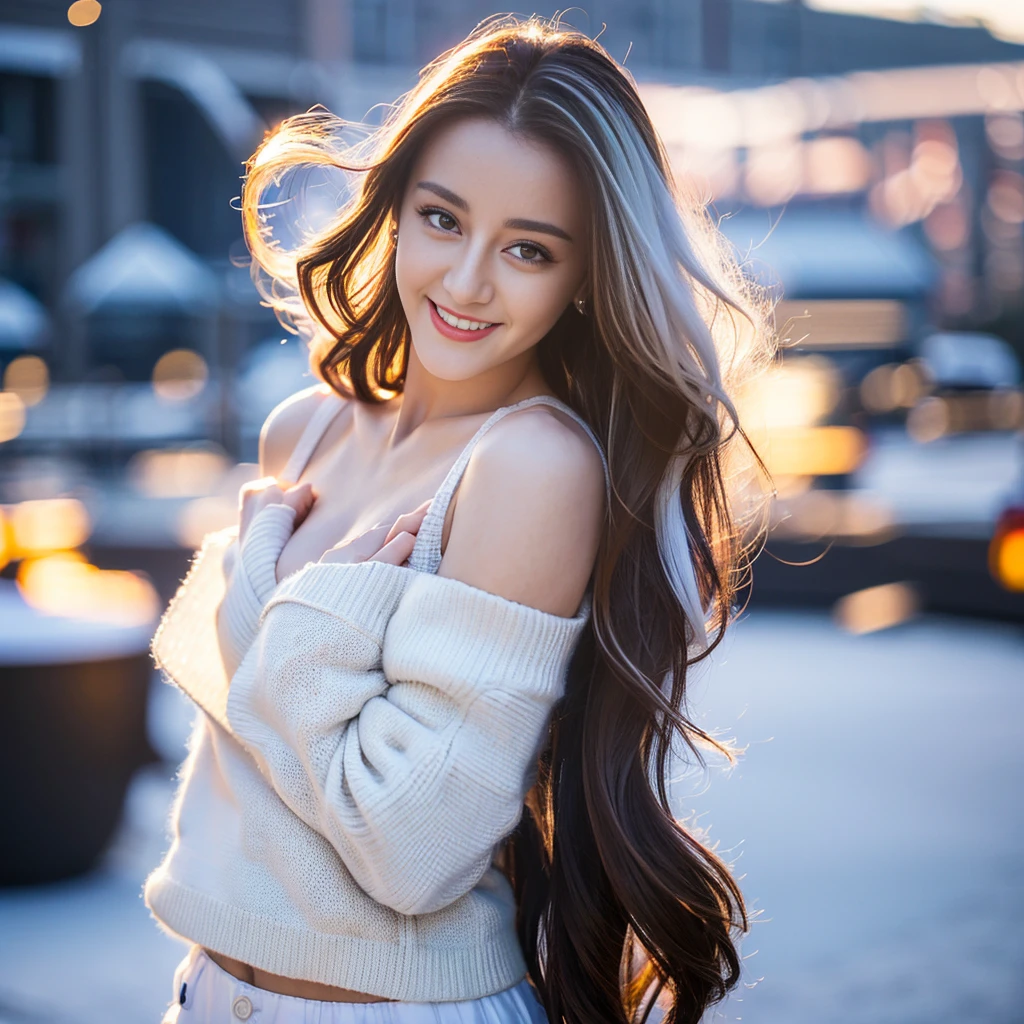 ((Top quality、8K、masterpiece:1.3))、Very pretty beautiful girl,full-body shot,Huge breasts,Breast enlargement,amazing breast size,G cup,Half breast exposed。Wear big earrings,The skin is so white,Hydrating red lips,Very thin waist,Thighs are very thin,Big Ass,Fair and smooth skin,Smooth and fair skin,flawless skin,Fair and shiny skin,Cool white skin,The camera focuses on the chest,Bright Light,White sweater,Lower body exposed,white hair,white hair,Blizzard,Snow Mountain,Sunset,lake,sweet smile,Mouth slightly open