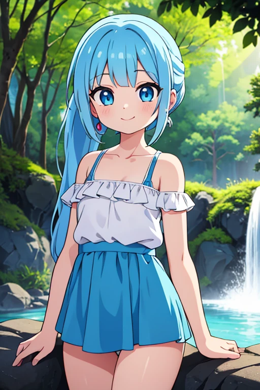 an area of a small lake in a forest area with a few rocks here and there, tree, scenery, waterfallanime women's body pictures 2 anime girls standing together anime girls,sit under the waterfall , meditation position,off shoulder, looking at viewer, blue eyes, smile, jewelry, sleeveless, earrings, upper body, white wet blouse,1 girl long light blue hair, second girl medium pony tail orange hair