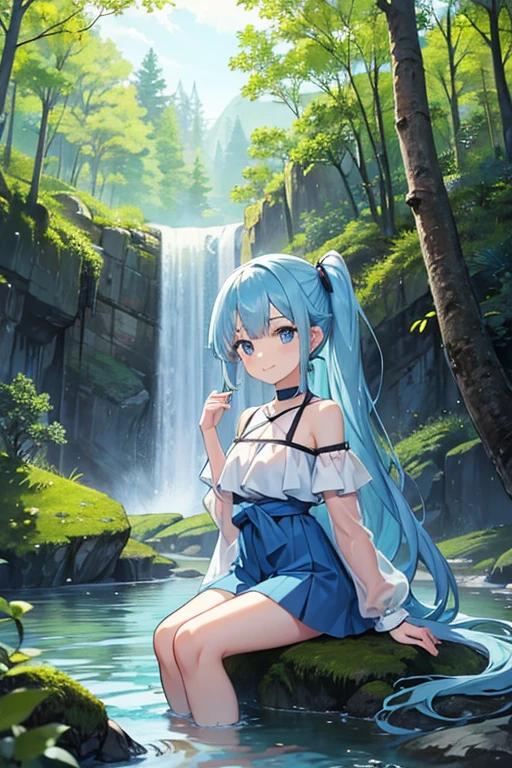 an area of a small lake in a forest area with a few rocks here and there, tree, scenery, waterfallanime women's body pictures 2 anime girls standing together anime girls,sit under the waterfall , meditation position,off shoulder, looking at viewer, blue eyes, smile, jewelry, sleeveless, earrings, upper body, white wet blouse,1 girl long light blue hair, second girl medium pony tail orange hair
