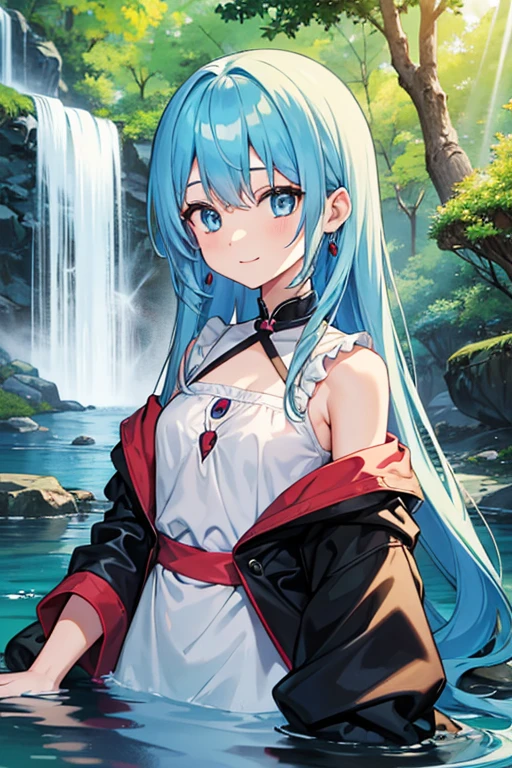 an area of a small lake in a forest area with a few rocks here and there, tree, scenery, waterfallanime women's body pictures 2 anime girls standing together anime girls,sit under the waterfall , meditation position,off shoulder, looking at viewer, blue eyes, smile, jewelry, sleeveless, earrings, upper body, white wet blouse,1 girl long light blue hair, second girl medium pony tail orange hair
