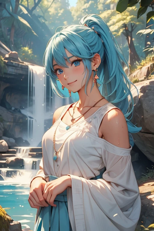 an area of a small lake in a forest area with a few rocks here and there, tree, scenery, waterfallanime women's body pictures 2 anime girls standing together anime girls,sit under the waterfall , meditation position,off shoulder, looking at viewer, blue eyes, smile, jewelry, sleeveless, earrings, upper body, white wet blouse,1 girl long light blue hair, second girl medium pony tail orange hair