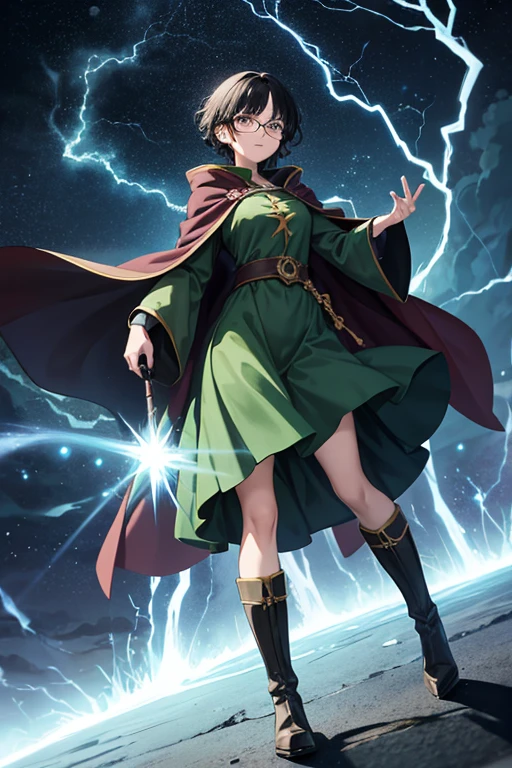 Anime drawings、Full body portrait、Fantasy world characters、A female wizard, around 155cm tall and around 17 years old, wearing a dark green robe and a long skirt, emitting lightning.、Curly short black hair、Crying face、Glasses、gloves、boots