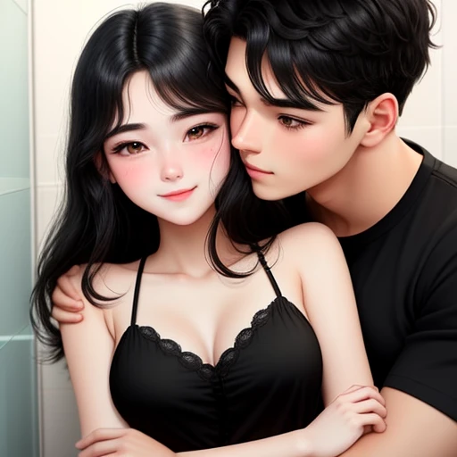 men and women, at the bathroom, kissing kiss, Hugging and at each other, Lovers
20-year-old boy and 18-year-old girl, Detailed face, Detailed eyes, double eyelid, cute, sunny, warm, smile, Handsome-cool-warm-boy with black hair and hot-seductive-sexy-cute-beautiful-girl with black hair and blushing face use sexy clothes. Intimate vibes.