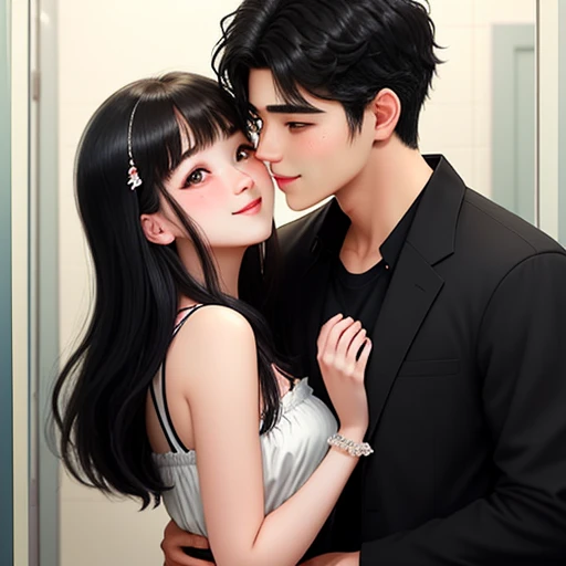  men and women, at the bathroom, kissing kiss, Hugging and at each other, Lovers
20-year-old boy and 18-year-old girl, Detailed face, Detailed eyes, double eyelid, cute, sunny, warm, smile, Handsome-cool-warm-boy with black hair and hot-seductive-sexy-cute-beautiful-girl with black hair and blushing face use sexy clothes. Intimate vibes.