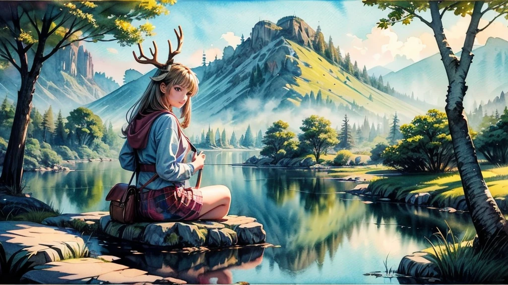 ((Watercolor landscape)) 、Girl and deer