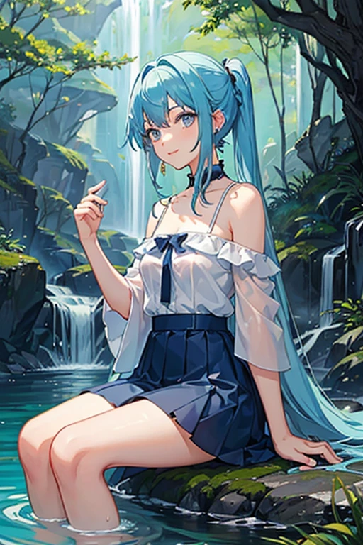 an area of a small lake in a forest area with a few rocks here and there, tree, scenery, waterfallanime women's body pictures 2 anime girls standing together anime girls,sit under the waterfall , meditation position,off shoulder, looking at viewer, blue eyes, smile, jewelry, sleeveless, earrings, upper body, white wet blouse,1 girl long light blue hair, second girl medium pony tail orange hair