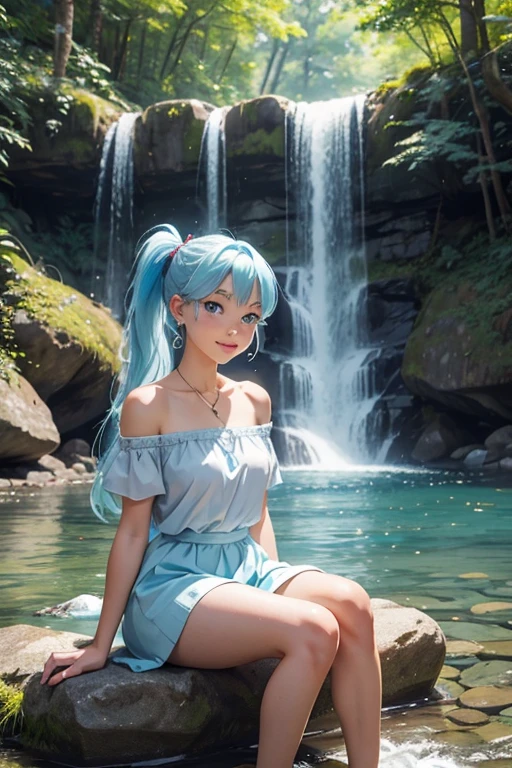 an area of a small lake in a forest area with a few rocks here and there, tree, scenery, waterfallanime women's body pictures 2 anime girls standing together anime girls,sit under the waterfall , meditation position,off shoulder, looking at viewer, blue eyes, smile, jewelry, sleeveless, earrings, upper body, white wet blouse,1 girl long light blue hair, second girl medium pony tail orange hair