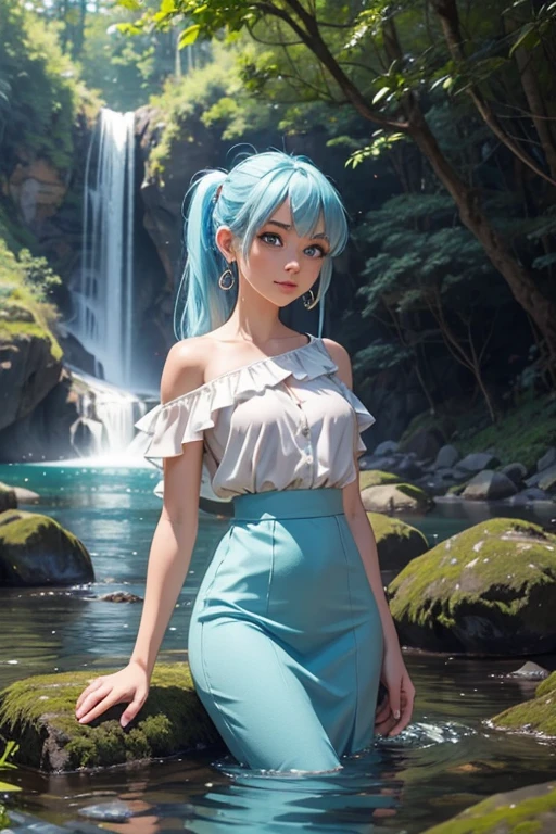 an area of a small lake in a forest area with a few rocks here and there, tree, scenery, waterfallanime women's body pictures 2 anime girls standing together anime girls,sit under the waterfall , meditation position,off shoulder, looking at viewer, blue eyes, smile, jewelry, sleeveless, earrings, upper body, white wet blouse,1 girl long light blue hair, second girl medium pony tail orange hair