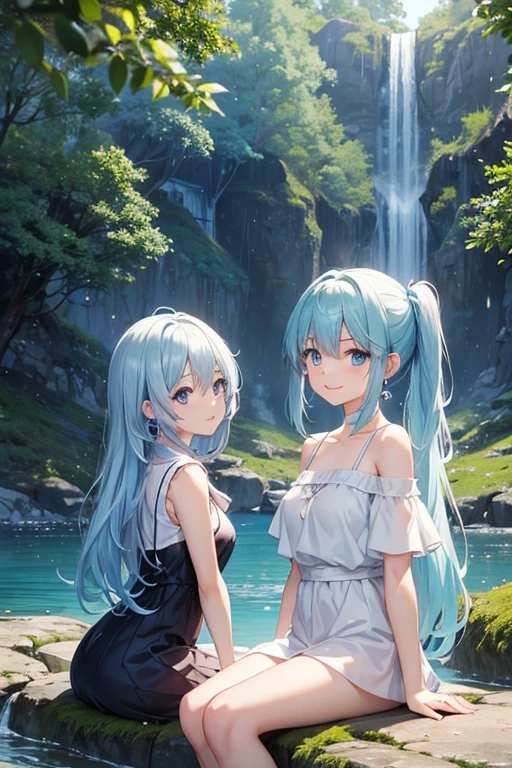 an area of a small lake in a forest area with a few rocks here and there, tree, scenery, waterfallanime women's body pictures 2 anime girls standing together anime girls,sit under the waterfall , meditation position,off shoulder, looking at viewer, blue eyes, smile, jewelry, sleeveless, earrings, upper body, white wet blouse,1 girl long light blue hair, second girl medium pony tail orange hair