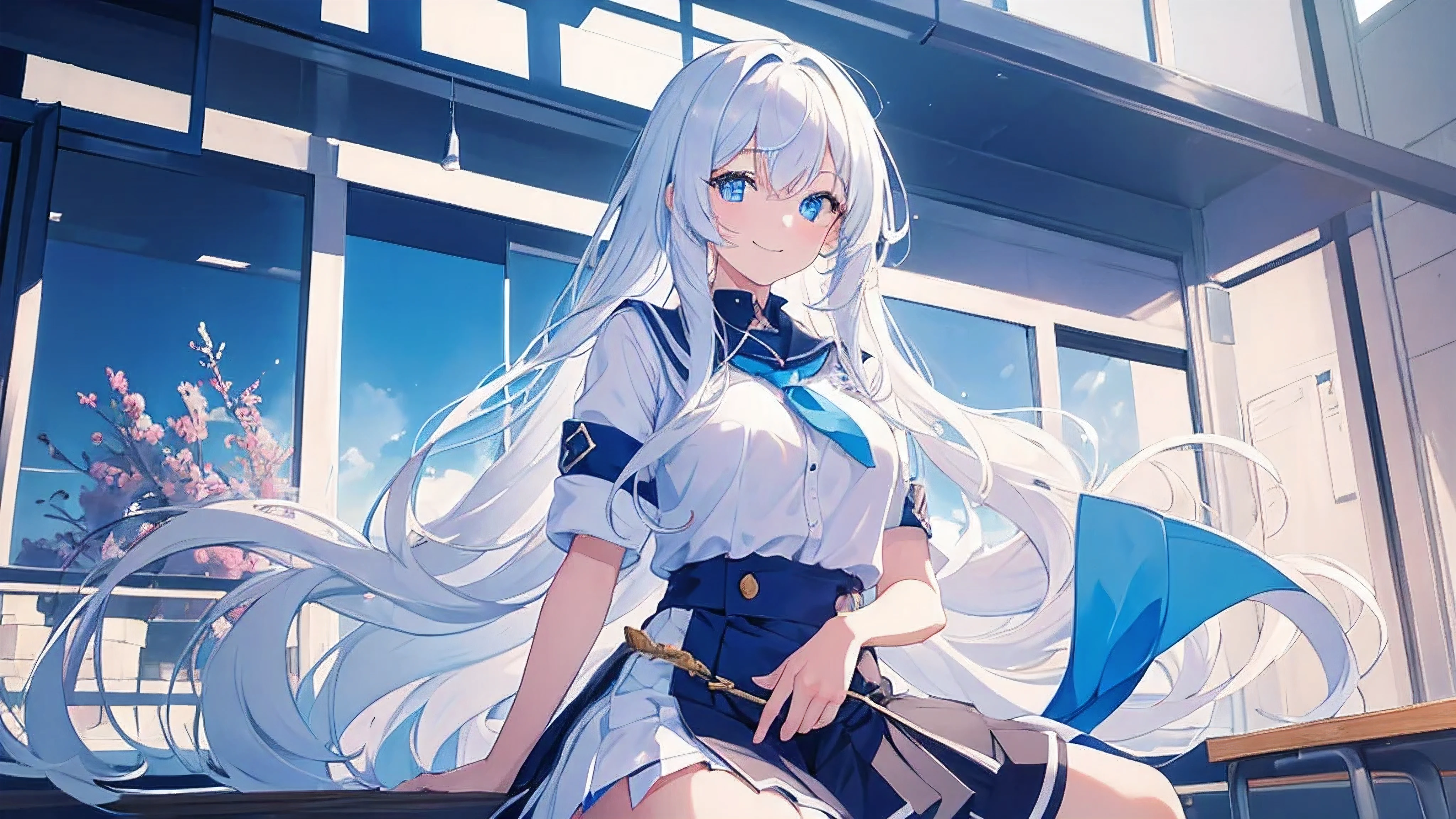 (((masterpiece))), (((8K quality))), a beautiful cute girl, white long hair, blue eye, in the School, smile
