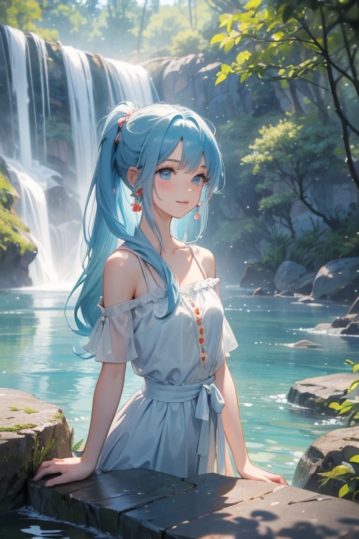 an area of a small lake in a forest area with a few rocks here and there, tree, scenery, waterfallanime women's body pictures 2 anime girls standing together anime girls,sit under the waterfall , meditation position,off shoulder, looking at viewer, blue eyes, smile, jewelry, sleeveless, earrings, upper body, white wet blouse,1 girl long light blue hair, second girl medium pony tail orange hair