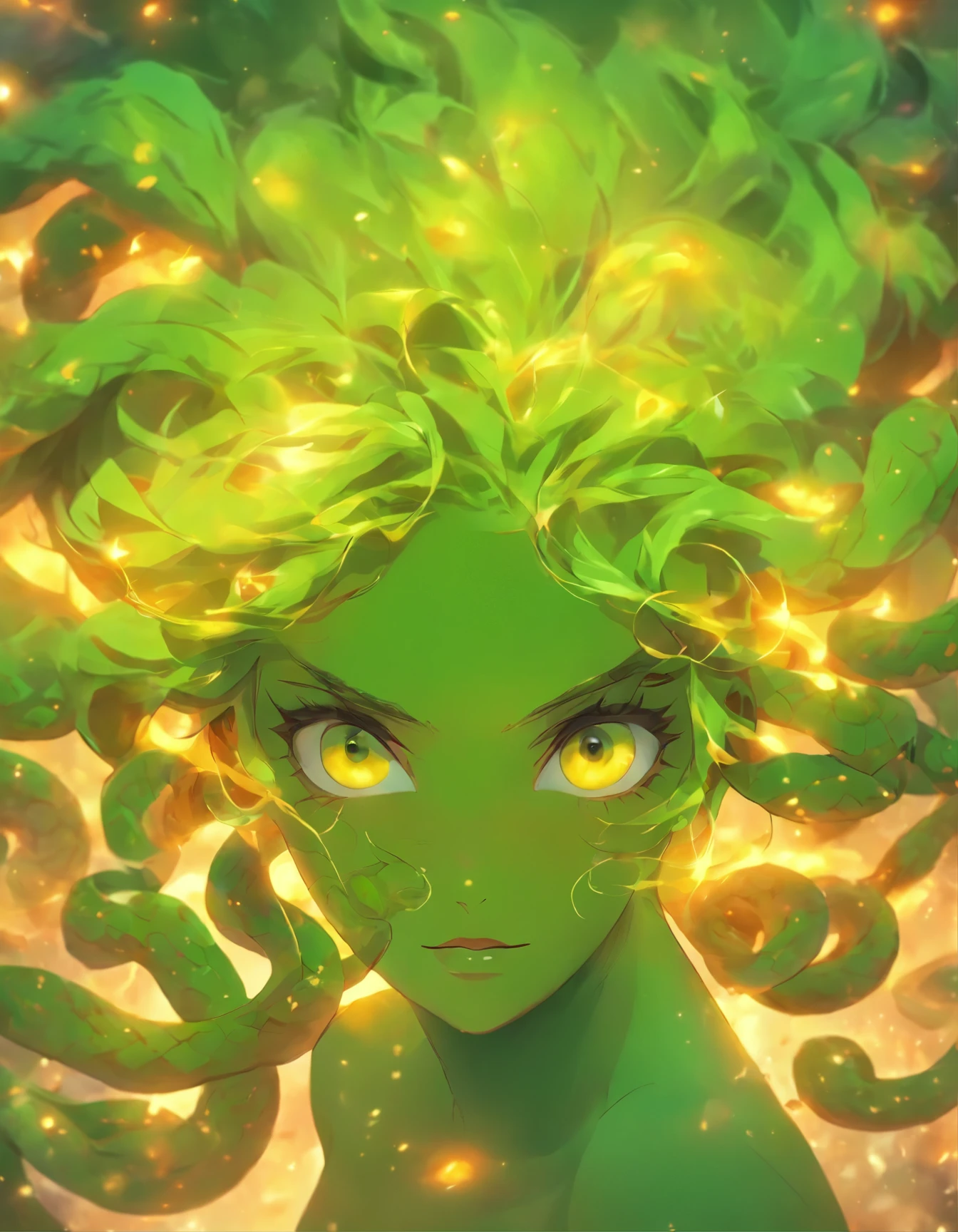 Illustration of a woman with green hair and a white dress, beautiful female gorgon, Ancient Goddesses, portrait of age Medusa, very sad Medusa, female Medusa long hair, fierce Medusa, goddess of greek mythology, Her many snakes with hair, Medusa, Greek goddesses, Earth Goddess Myth, male Medusa, old Greek goddesses, the Greek goddesses aphrotite