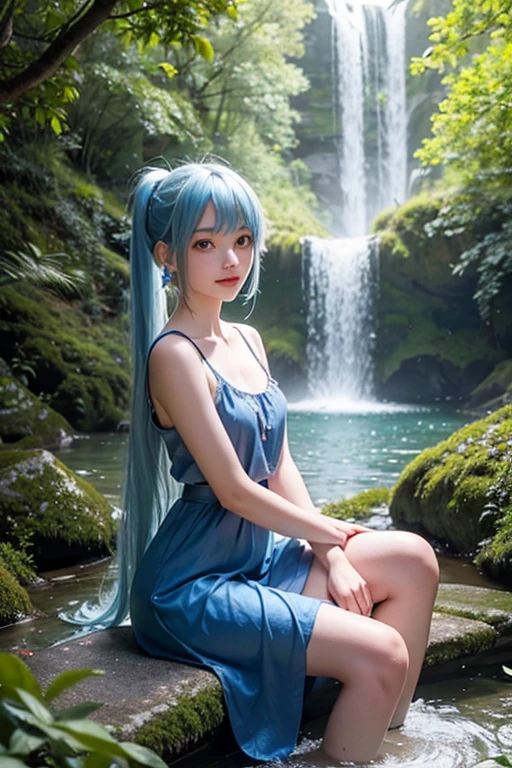 an area of a small lake in a forest area with a few rocks here and there, tree, scenery, waterfallanime women's body pictures 2 anime girls standing together anime girls,sit under the waterfall , meditation position,off shoulder, looking at viewer, blue eyes, smile, jewelry, sleeveless, earrings, upper body, white wet blouse,1 girl long light blue hair, second girl medium pony tail orange hair