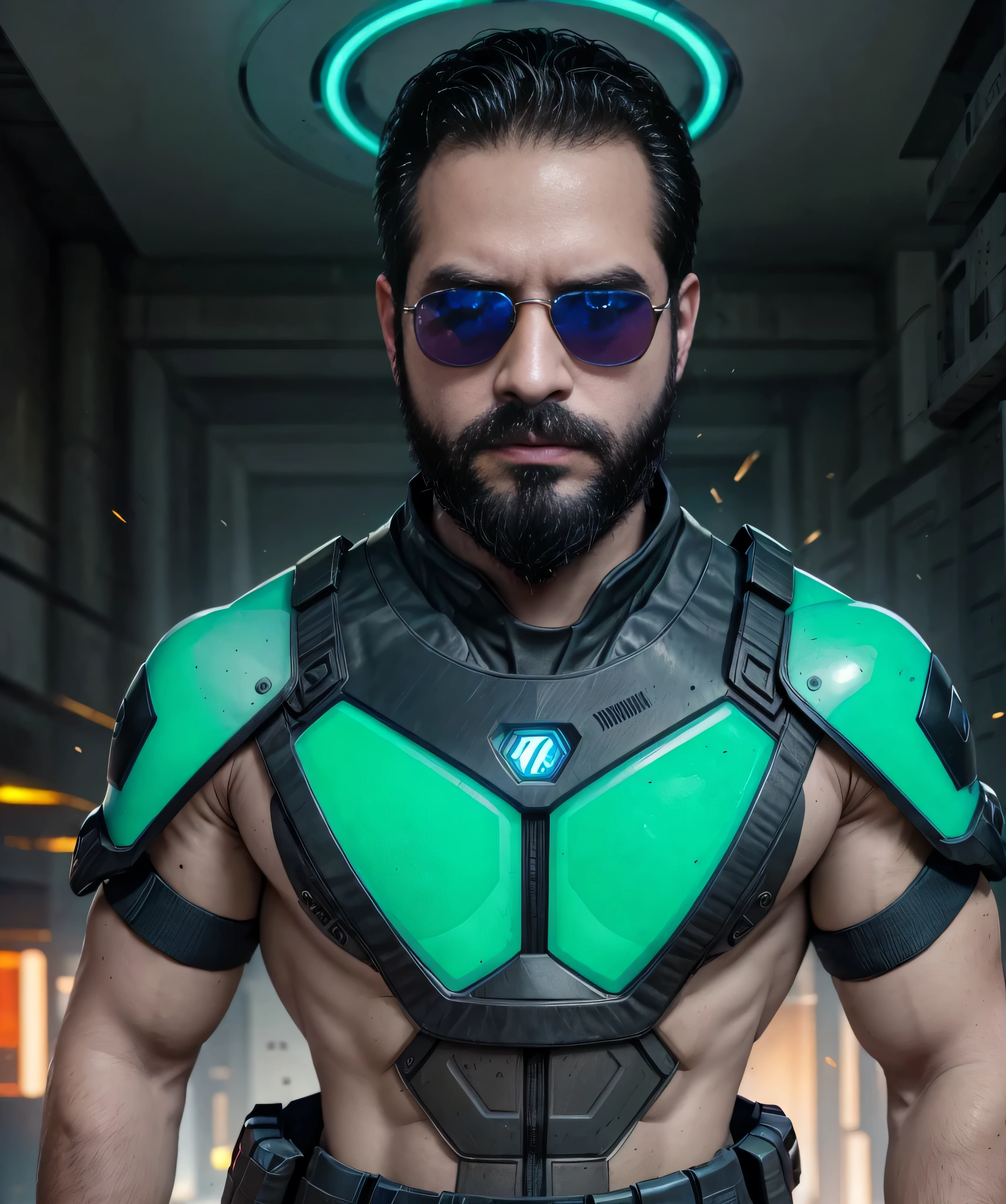 A well-built man with a dark beard and sunglasses, wearing a futuristic combat suit with luminous details in shades of neon blue and green, se encuentra en primer plano. Su figura llena la imagen, highlighting his expression of determination and courage. Behind him, un paisaje urbano futurista con rascacielos altos y estructuras flotantes, illuminated by neon lights. En el cielo, flying vehicles and drones are seen patrolling the city. The man holds an advanced laser weapon in his right hand and a holographic device in his left, ready to face any threat in this technological and advanced world.