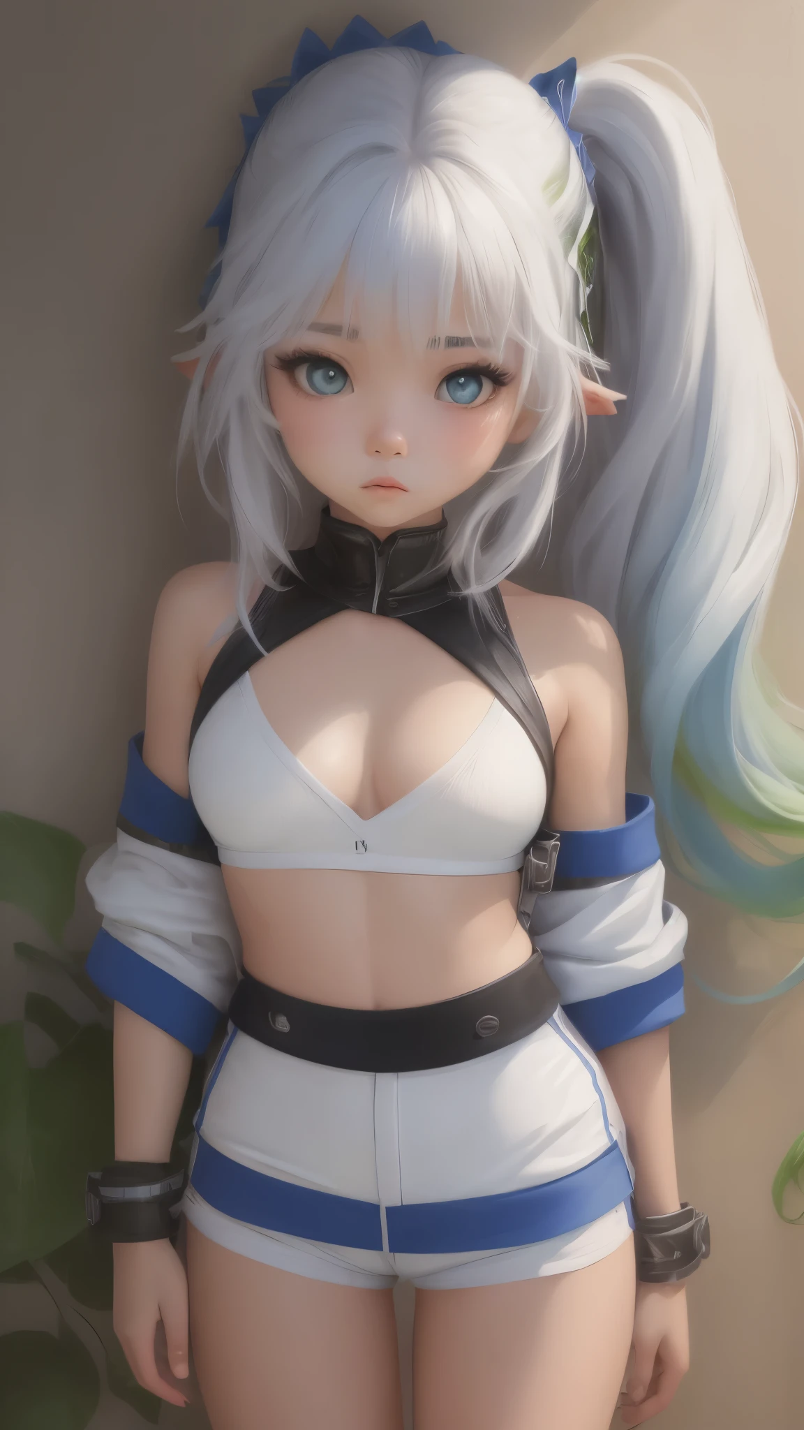 (1 girl one girl:1 girl.3 girls), solo,_Kim Ji-ni Jennie face,Wear a royal blue armband sweater,Short model,White bandeau inside,blue shorts,,sex appeal,cuteness,white legwear,White wall,,FULL-bodyphoto,looks at the viewer,World-weary face,Indifferent eyes,Korean style