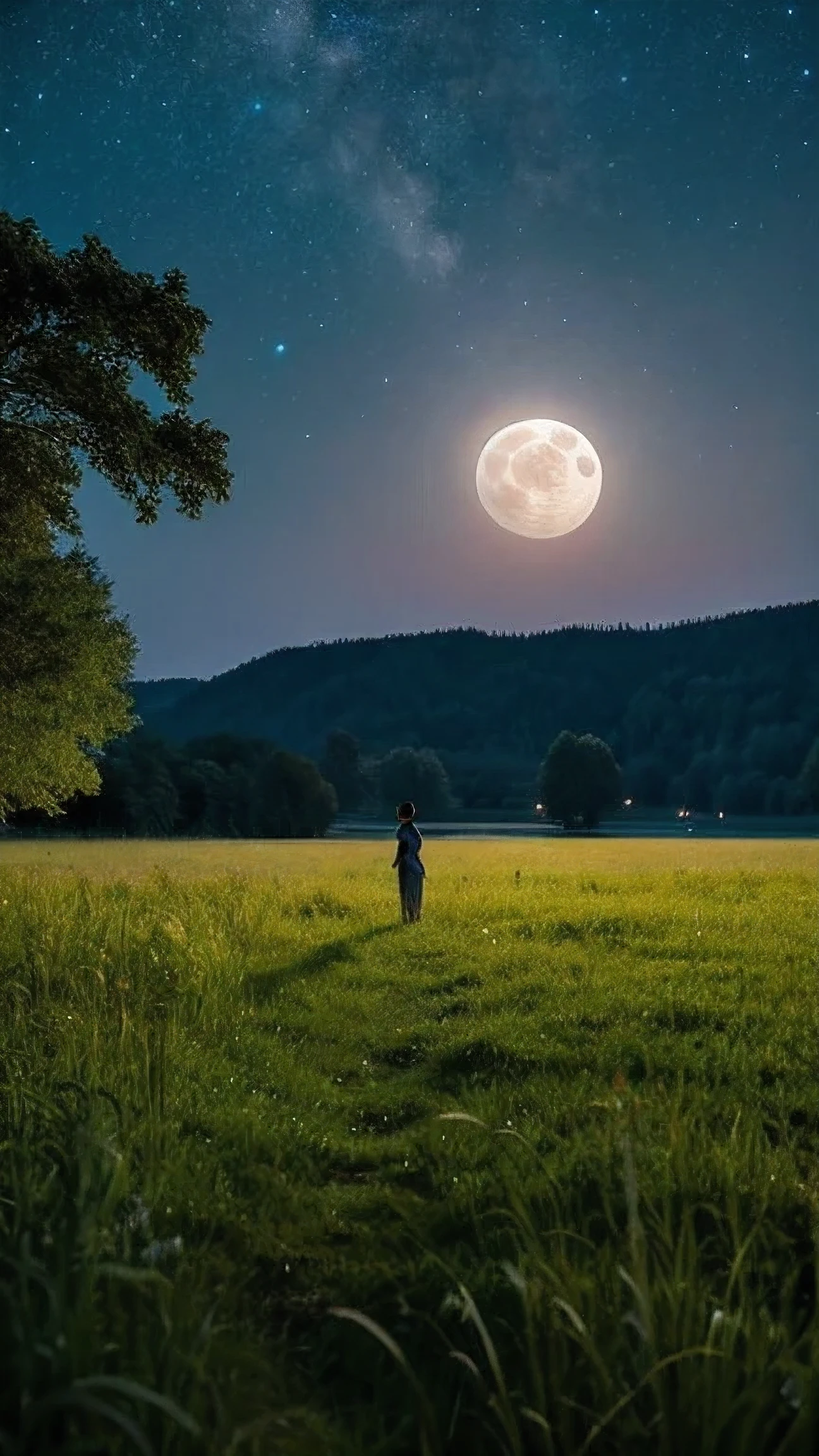 Masterpiece, ultra-realistic, fantastic, night, big full moon, nature, lake, vast fields,