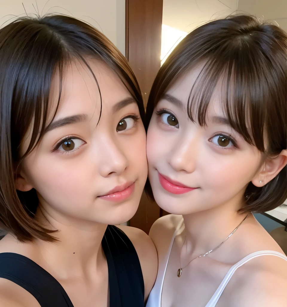 highest quality、8k、Best image quality、Professional Lighting、Natural light、Ultra-high resolution、Clear photos、Beautiful and delicate skin、No makeup、thin、very cute３people々々、White skin、Short Bob Hair、Brown Hair、Exquisite appearance、Love Each Other３people々々:1.8、kiss３people々々:1.8、Embrace each other:1.8、Put your lips on it:1.6、Detailed Background、３people々々idol group member:1.6、Head to knee photo:1.8
