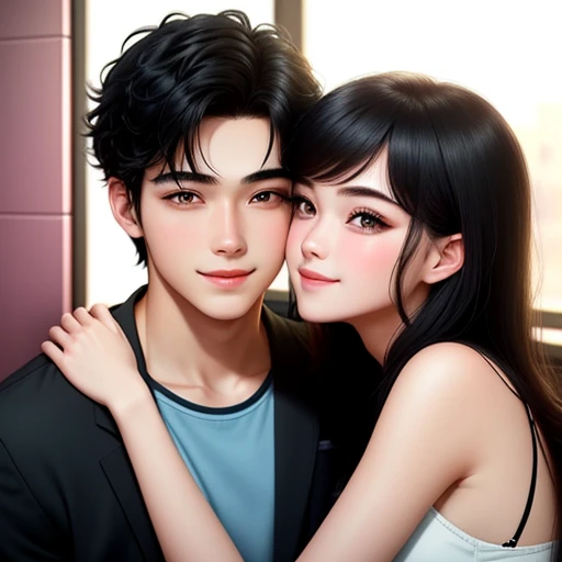 men and women, at the bathroom, kissing kiss, Hugging and staring-at-each-other, Lovers
20-year-old boy and 18-year-old girl, Detailed face, Detailed eyes, double eyelid, cute, sunny, warm, smile, Handsome-cool-warm-boy with black hair and hot-seductive-sexy-cute-beautiful-girl with black hair and blushing face use sexy clothes. Intimate vibes.
