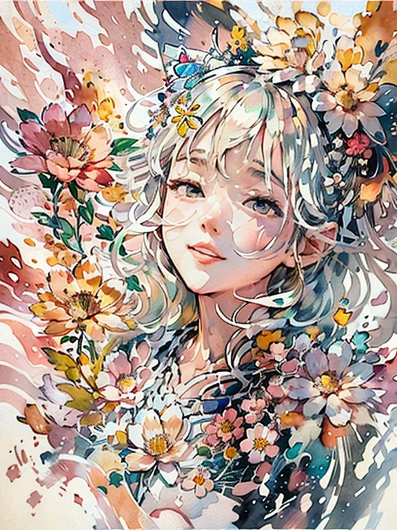 (masutepiece),best quality,3D oil painting, Illustration,Art Nouveau,Sumi-e,Portrait,onry_1girl_Face,(White background:1.4),(the Extremely Detailed CG Unity 8K Wallpapers:1.1),(Colorful:0.8), (Ink splashing),(splashes of colour),((watercolor paiting)),flowers background,Outdoors,boulders,Soft smile,pure,(beautiful),Detailed and complex pattern,colorwater,(Face Focus),Looking at Viewer