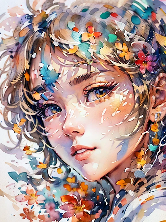 (masutepiece),best quality,3D oil painting, Illustration,Art Nouveau,Sumi-e,Portrait,onry_1girl_Face,(White background:1.4),(the Extremely Detailed CG Unity 8K Wallpapers:1.1),(Colorful:0.8), (Ink splashing),(splashes of colour),((watercolor paiting)),flowers background,Outdoors,boulders,Soft smile,pure,(beautiful),Detailed and complex pattern,colorwater,(Face Focus),Looking at Viewer