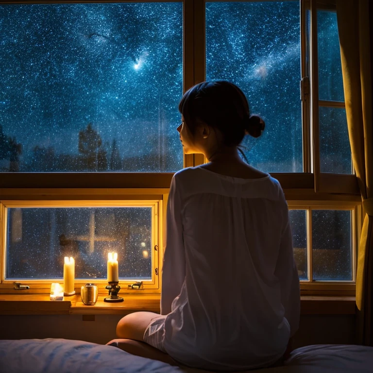 Looking at the starry sky outside the window from inside the room,1 girl of the highest quality,The windows are large,Bed in front of the window
