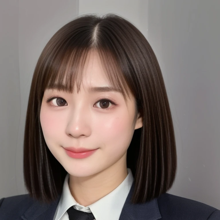 (kawaii 24 year-old Japanese girl, Nogizaka idol, Korean idol), glossy brown hair, (very short hair, forehead:1.2), beautiful black eyes, rounded face, narrow shoulders, single eyelid, no makeup, soft smiling, (suit jacket, collared shirt, necktie), extra small breasts, BREAK, (simple white background:1.2), (view from forward, bust shot, upper body shot, id photo:1.2), BREAK, (masterpiece, best quality, photo realistic, official art:1.4), (UHD, 8K quality wallpaper, high resolution, raw photo, golden ratio:1.3), (shiny skin), professional lighting, physically based rendering, award winning, (highly detailed skin texture, extremely detailed face and eyes textures), Carl Zeiss 85 mm F/1.4, depth of field, (1girl, solo),