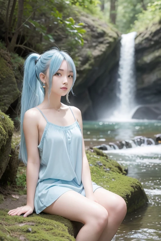 an area of a small lake in a forest area with a few rocks here and there, tree, scenery, waterfallanime women's body pictures 2 anime girls standing together anime girls,sit under the waterfall , meditation position,off shoulder, looking at viewer, blue eyes, smile, jewelry, sleeveless, earrings, upper body, white wet blouse,1 girl long light blue hair, second girl medium pony tail orange hair
