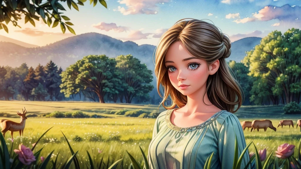 ((photorealistic watercolor landscape)), a girl in a field with deer, beautiful detailed eyes, beautiful detailed lips, extremely detailed eyes and face, long eyelashes, elegant girl in a long dress, delicate posture, cinematic lighting, warm color palette, vibrant colors, detailed foliage, serene atmosphere, masterpiece, best quality, 8k, high resolution, ultra-detailed, realistic