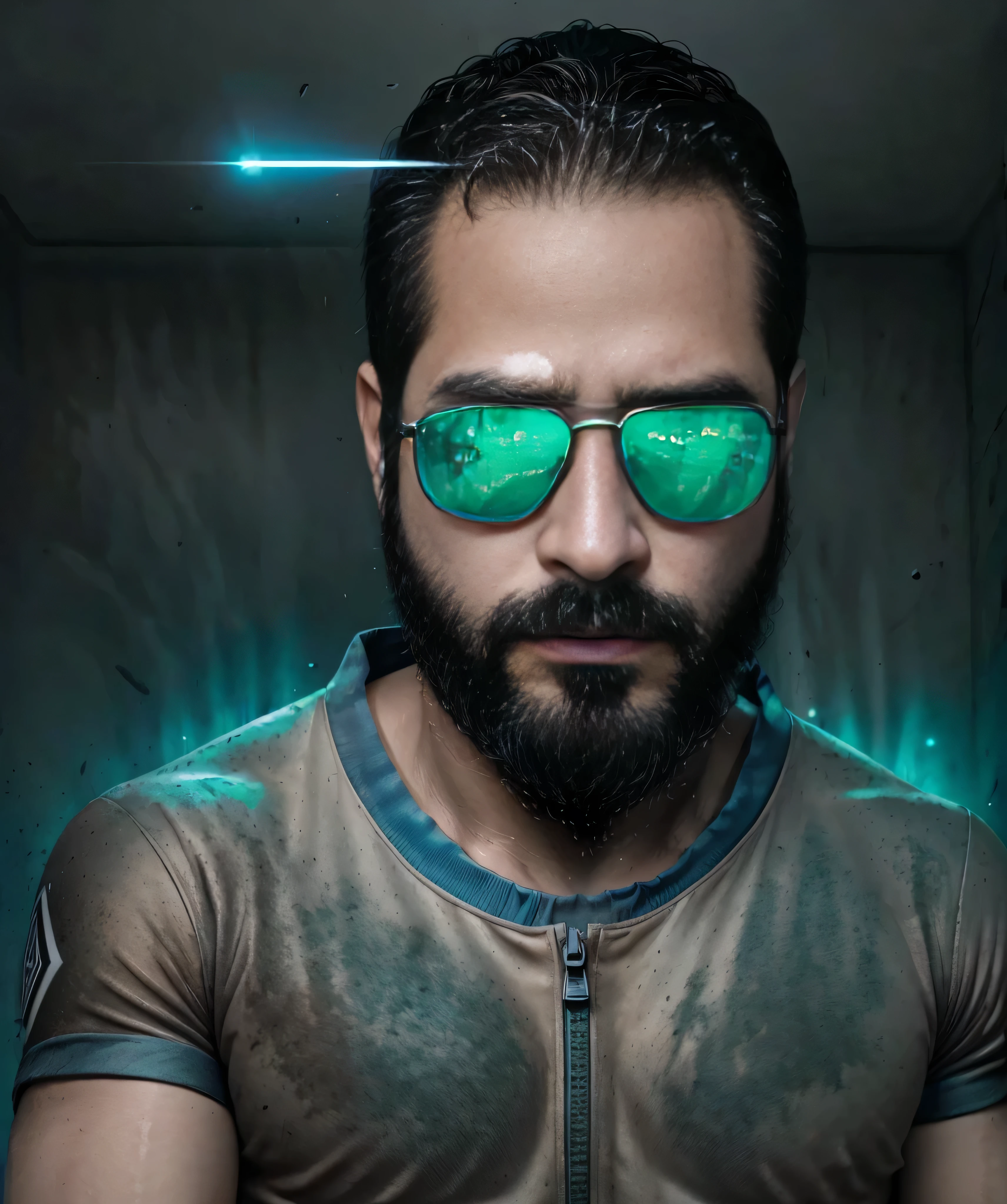 A well-built man with a dark beard and sunglasses, wearing a futuristic combat suit with luminous details in shades of neon blue and green, se encuentra en primer plano. Su figura llena la imagen, highlighting his expression of determination and courage. Behind him, un paisaje urbano futurista con rascacielos altos y estructuras flotantes, illuminated by neon lights. En el cielo, flying vehicles and drones are seen patrolling the city. The man holds an advanced laser weapon in his right hand and a holographic device in his left, ready to face any threat in this technological and advanced world.