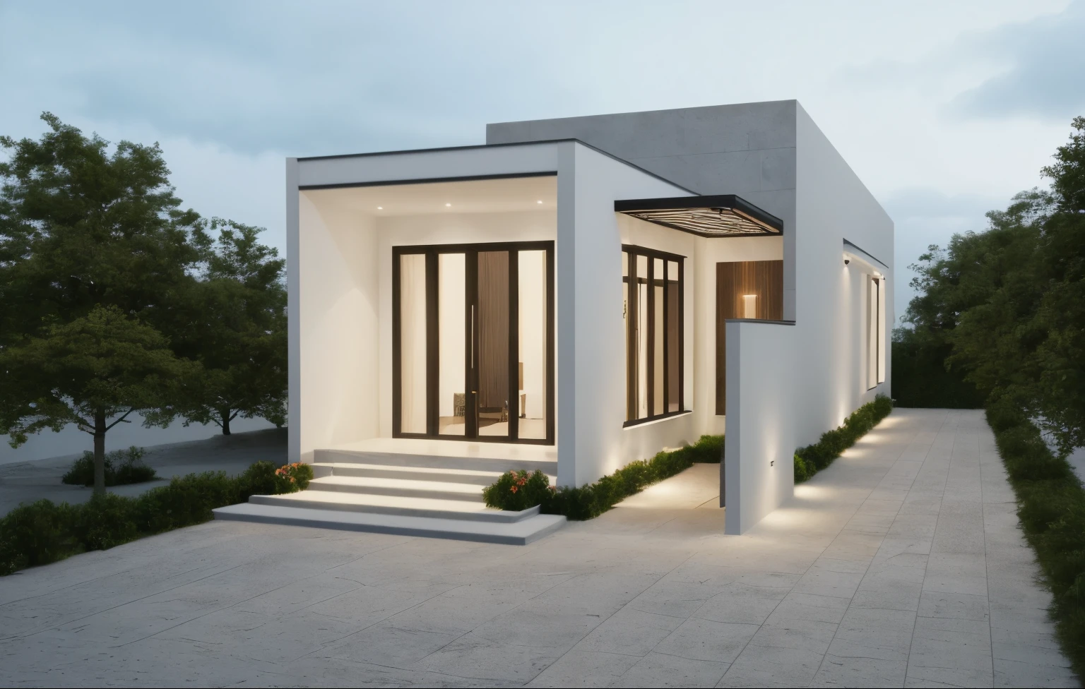((1 morden house like egg format)), main material by ((white wall)), 1large yard, 1 road runs in front of the house, (((VERTICAL WALLs was covered by white color))), (RAW photo, real, best quality, masterpiece:1.2), look morden minimalist, 1 road in front of the house, dynamic lighting:1.3, (hyper realistic, photo-realistic:1.2), high quality, (dark lighting:1.2), perfect lighting, archdaily, no human