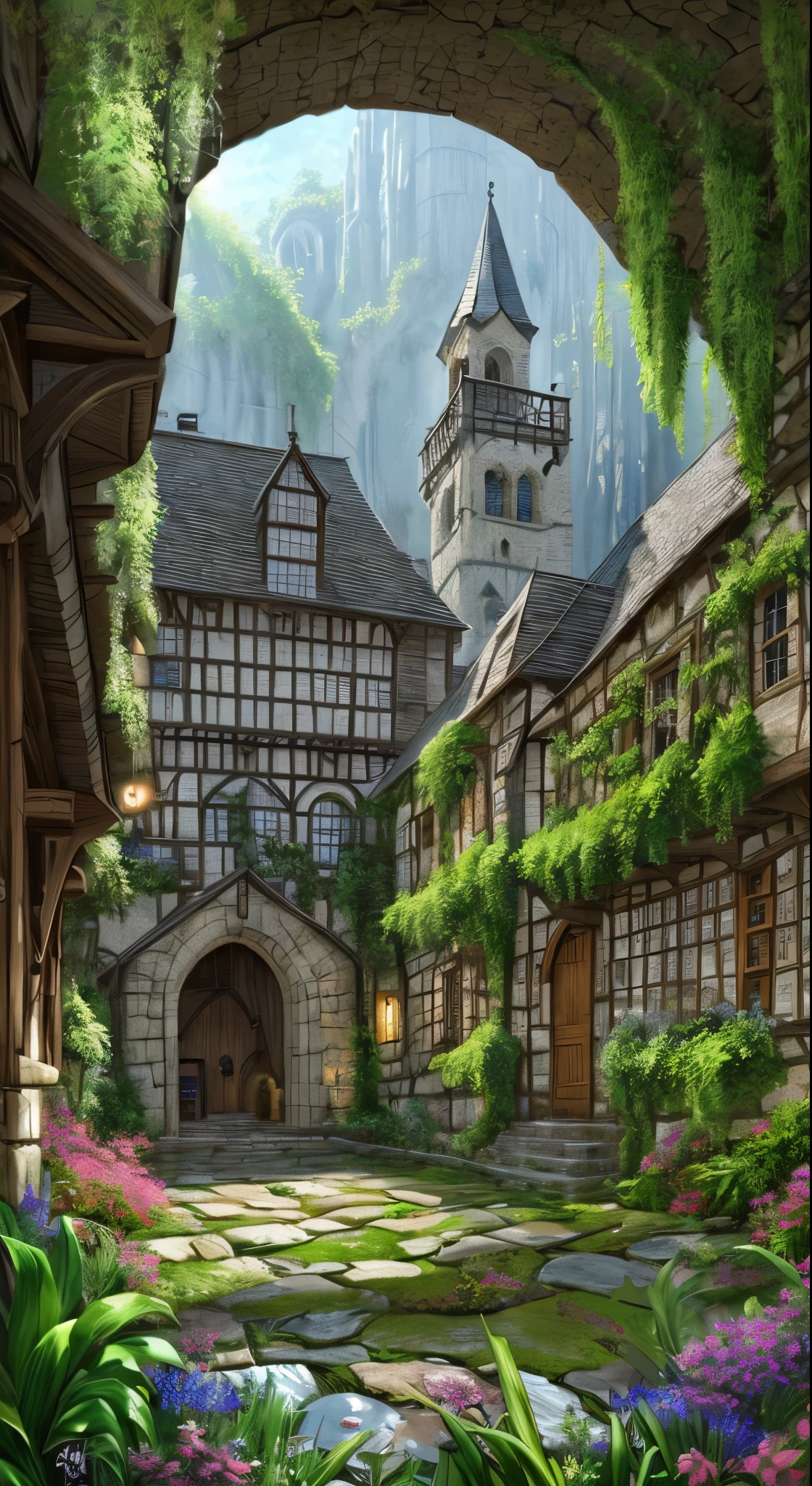 4K, Realistic, Very detailed, Wide-angle lens, Wet medieval town, Vibrant, Fantastic plants, Big House, Makoto Shinkai style, Anime Background, Concept Art, (Characters are not displayed), Realistic lighting, A magnificent composition, Spread, (masterpiece, highest quality), Super HD, 32k --v6