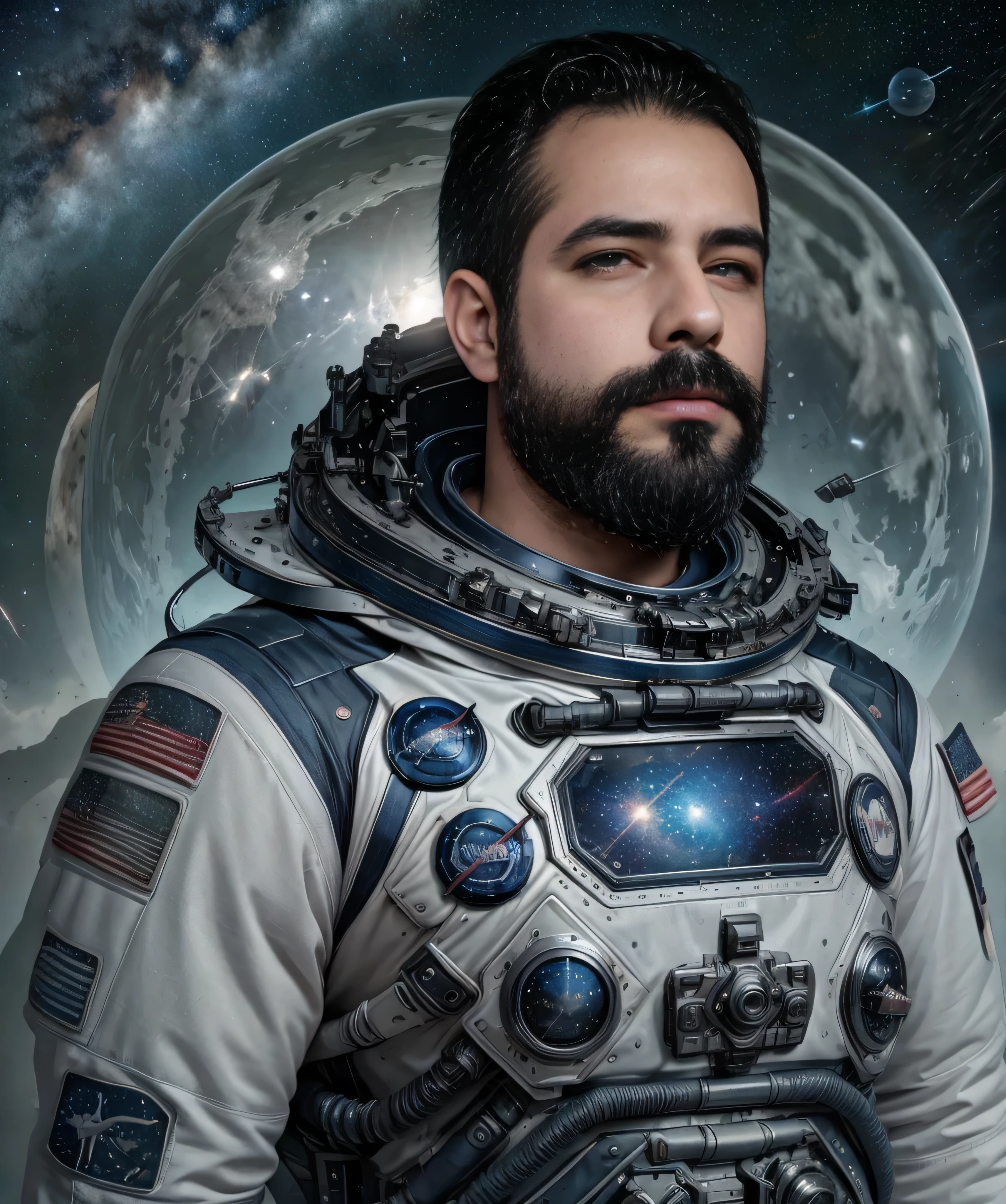 A well-built man with a dark beard and sunglasses, wearing a high-tech space suit with blue and silver details, se encuentra en primer plano. Su figura llena la imagen, highlighting his expression of determination and bravery. Behind him, el vasto espacio exterior se extiende con un fondo de estrellas brillantes y nebulosas coloridas. A lo lejos, se ve una nave espacial futurista con luces parpadeantes y una gran luna o planeta en el horizonte. The man holds a space helmet in his right hand and a communication device in the left, ready to lead a crucial mission in the vastness of the cosmos."