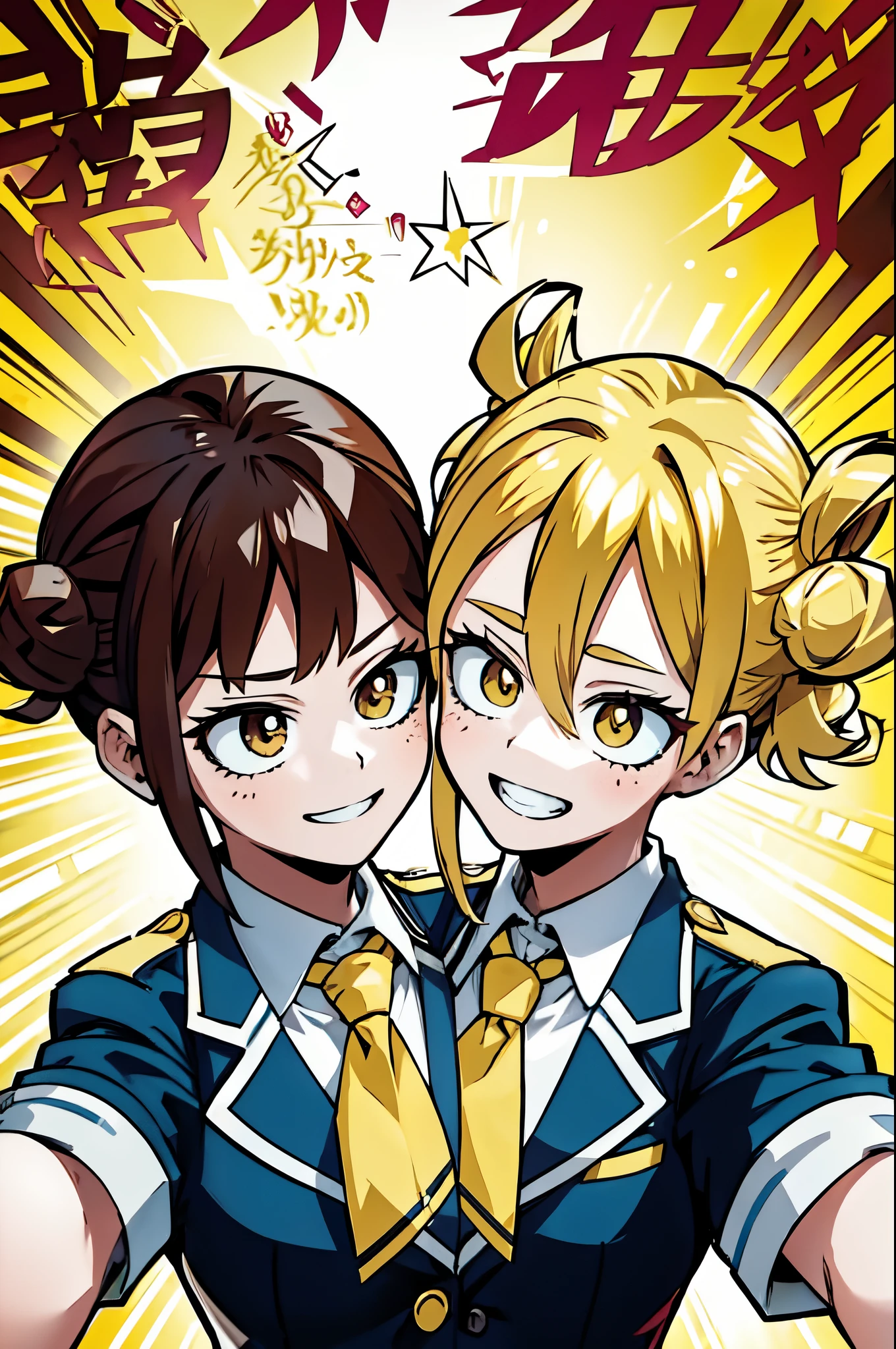 best resolution, 2heads, conjoined, dicephalus,  woman with two heads , yellow hair, brown hair,  my hero academia, mha schooluniform, hairbuns,  indoor background