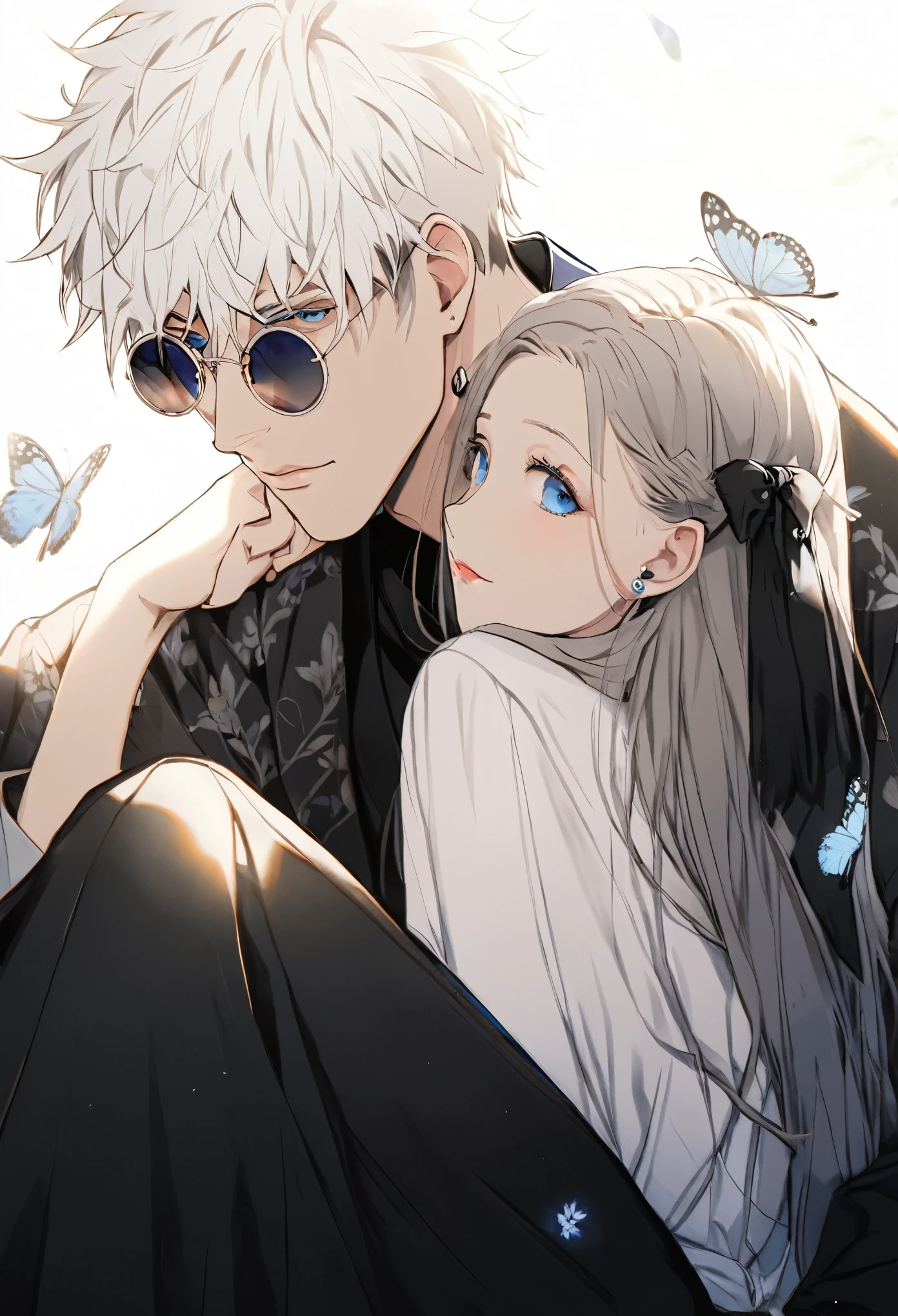 A handsome short white hair man and a long ahair young lady resting on his shoulder, man wearing a black attire, man wearing a round sunglasses, gorgeous young lady with a long white hair, wearing a kimono clothing, with soft look, sapphire blue eyes, cute natural makeup, wearing elegant ((resting on a man shoulder)), stunning modern japanese environment, anime, concept art, elegant